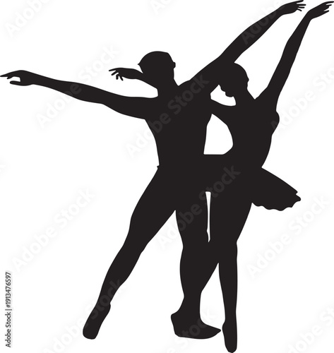 Silhouette of two dancers performing a graceful ballet routine on stage