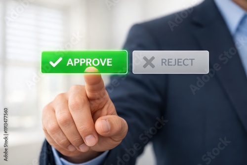 Decision Maker's Choice: A professional in a tailored suit, poised to make a critical choice, hovers a finger over a glowing Approve button, the embodiment of decisive leadership.