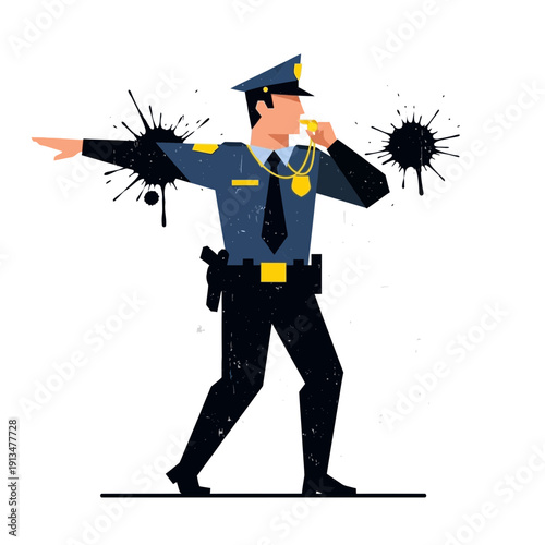 Police Officer Whistle Blowing, Traffic Direction, Black Splatter