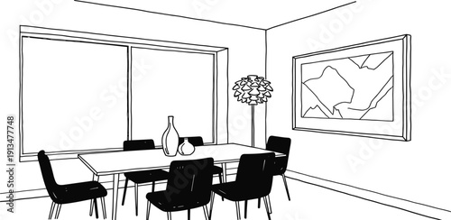 A modern dining room with a table and chairs seen from an angled viewpoint