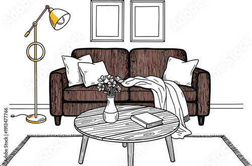 A modern living room scene with a sofa, coffee table, and lamp viewed from the front.