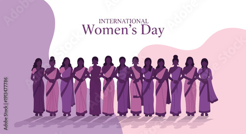 Illustration of a diverse group of women standing together in purple attire celebrating International Women's Day against a pink and purple background.