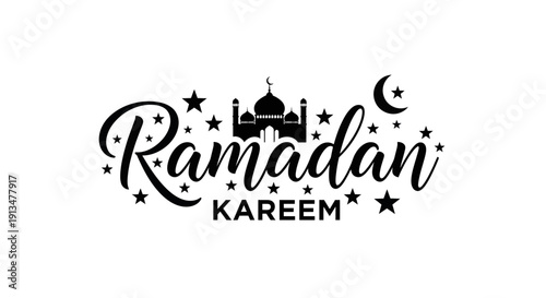 Ramadan Kareem Typography Design with Mosque Silhouette and Crescent Moon