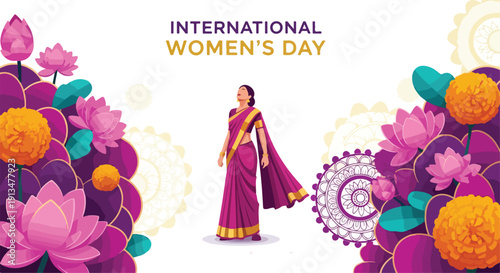 Woman in traditional Indian attire celebrating International Women's Day with floral designs on a white background.