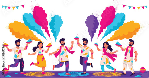 Illustration of a group of people celebrating Holi with colorful powder in the air, wearing traditional Indian clothing, against a white background with a festive atmosphere and vibrant