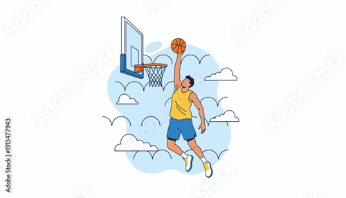 Player in Midair Leaps Toward Hoop in Bright, Energetic Indoor Court