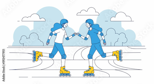 Two People in Harmonious Synchronization Hold Hands, Unity and Harmony Over Serene Sky, Minimalist Illustration