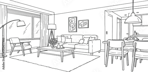 A modern living room with furniture, lamp, and dining area in a minimalist style from a frontal viewpoint