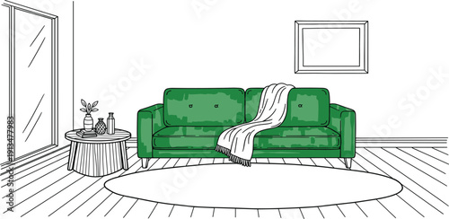 A green sofa with a blanket on it, placed in a minimalist white room with a round rug and a small table beside it, viewed from the front.