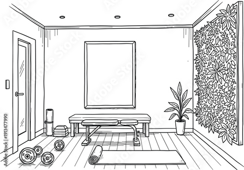 A serene yoga room with equipment and a potted plant, viewed from the doorway on a wooden floor.