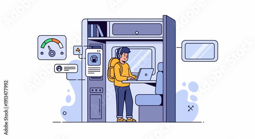 Focused Man Near ATM Using Laptop, Dressed in Yellow Jacket and Jeans