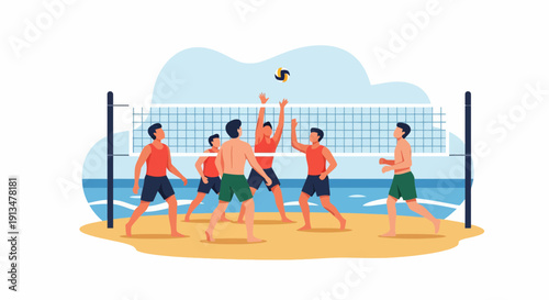 Six Players Leaping Over Net in Sunny Blue Sky Over Ocean