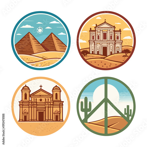 Four circular emblems featuring Egyptian pyramids, European church, desert landscape, and peace sign