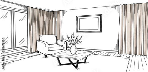 A modern living room illustration featuring a sofa and mirror from a front view