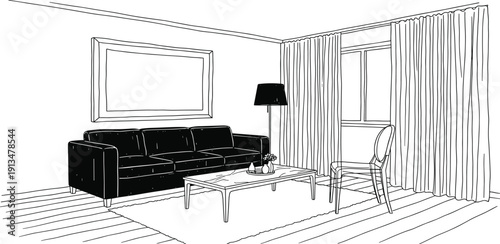 A minimalist black sofa and white curtains create a chic and modern living room space with subtle decorative elements
