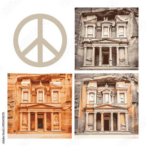 Peace symbol and Petra Treasury facade in graphic style vector