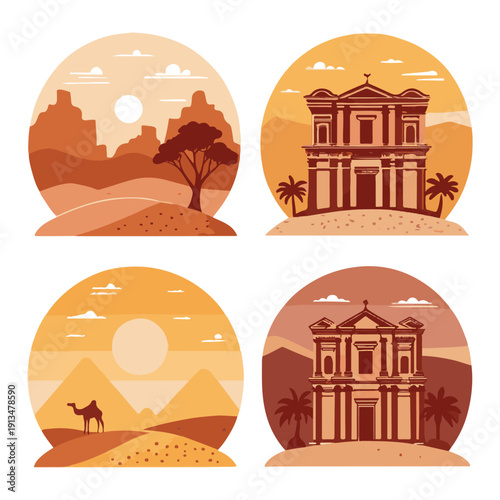 Four desert scenes with ancient architecture and desert landscapes building