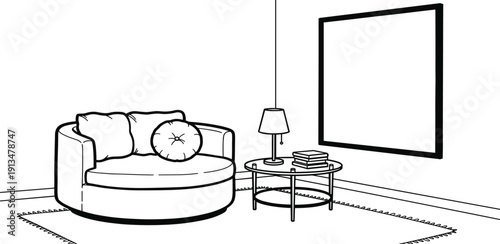 Cozy living room corner with plush circular sofa, side table, lamp, and framed artwork on the wall