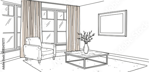 Interior design sketch of a living room with armchair, coffee table, vase with flowers, and framed artwork on the wall