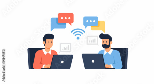 two men use laptops, Wi‑Fi, speech bubbles, and charts to illustrate online teamwork