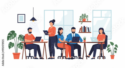 Five People Discuss Documents and Conversation at a Table with Plants, Light, and Collaboration