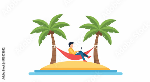 Relaxing Person in Red Hammock on Sunny Beach with Palm Trees, Tablet in Hand, Captured in Photographic Style