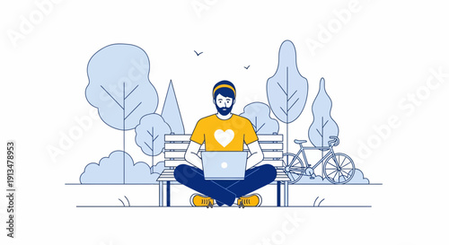Man Working on Laptop on Bench Amid Light Blue Trees, Bicycle, in a Serene Park Setting – Line Drawing