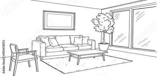 Modern and minimalist living room interior design sketch with comfortable furniture, a large plant, and ample natural light, ideal for home decor concepts or architectural layouts