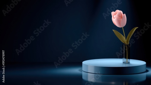 A single pink tulip in a clear vase on a blue podium, against a dark backdrop