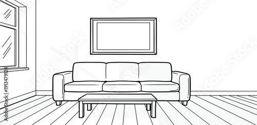Simple line drawing of a sofa and coffee table in a minimalist living room with a framed picture on the wall viewed from the front