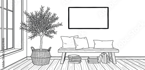 Hand-drawn line art illustration of a cozy and minimalist interior, featuring a window, a potted plant, and a comfortable wooden bench