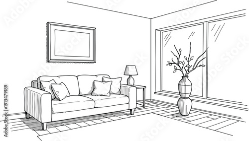 A serene living room scene with a sofa, lamp, and vase on a rug, viewed from the side with natural light