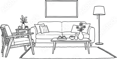 A living room scene with sofa, table, lamp, and chairs in a modern minimalist interior from a frontal viewpoint