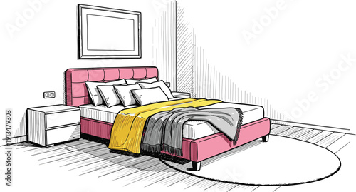 Illustration of a modern bedroom with a pink bed, white pillows, and yellow blanket from a high viewpoint