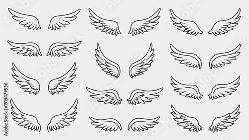 Cute simple angel wings vector line art set. Minimalist bird feather outline collection. Holy spirit flying symbol for sticker or badge. Linear doodle icon design isolated.