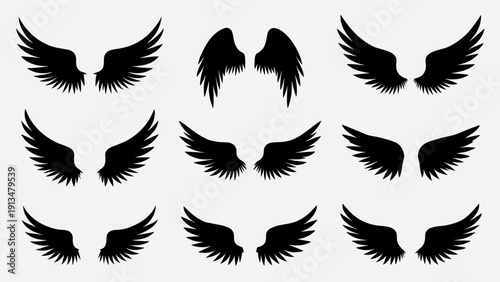 Solid black simple angel wings vector silhouette collection. Gothic bird feather shape set. Holy heaven spirit flight icon. Dark shadow grunge tattoo stamp isolated on white.