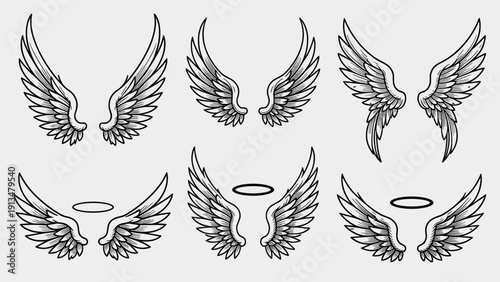 Tribal style simple angel wings vector illustration set. Sharp black and white feather tattoo design. Gothic bird flight symbol and holy halo ring collection.