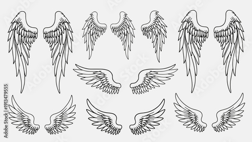Hand drawn simple angel wings vector sketch collection. Vintage bird feather outline set. Holy heaven flying spirit illustration for tattoo or logo design isolated on white.