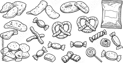 Hand-drawn snack and candy collection, featuring pretzels, chips, candies, and packaged items in a doodle style.