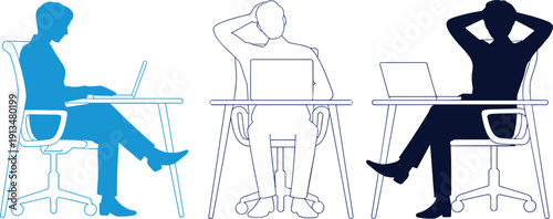 Silhouette of business people working on laptops at desks in modern office, minimalist blue vector illustration showing teamwork, remote work, productivity and corporate workspace concept