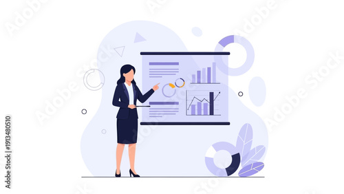 Businesswoman presenting financial report with graphs and charts on screen