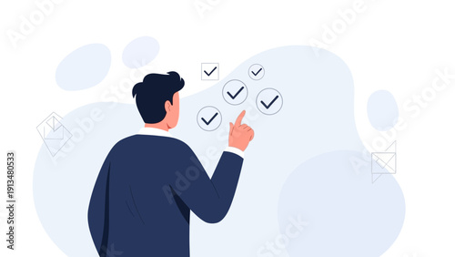 Businessman checking off tasks on a digital board, planning and organization concept