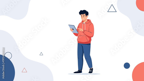 Young man using a tablet computer with abstract background