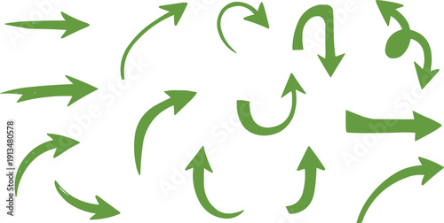 The image features a collection of sixteen green arrows, each displaying a unique design based on the curvature, length, and arrowhead pattern of the arrow. The arrows are rendered in green, which oft