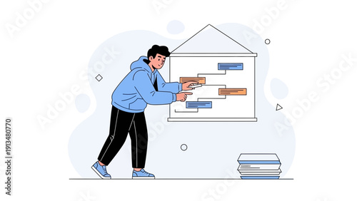 Man planning project on whiteboard with flowchart, business strategy concept