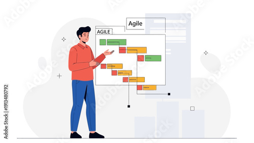 Agile Project Management: Man explaining Gantt chart for planning and workflow visualization