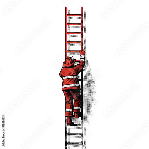 Firefighter climbing ladder, rescue, hazard, danger, emergency, effort