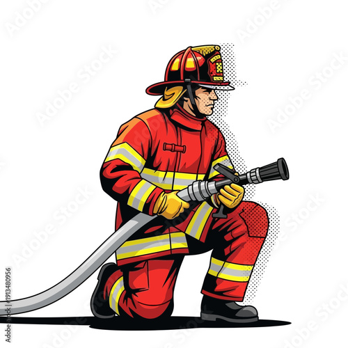 Firefighter in uniform holding hose, kneeling pose, ready for action