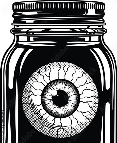 Vintage Hand Drawn Vector Illustration of a Realistic Human Eyeball Inside a Glass Mason Jar Isolated on White for Halloween or Horror Design