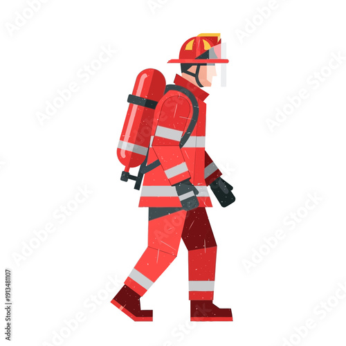 Firefighter walking in uniform with oxygen tank, side view, flat illustration